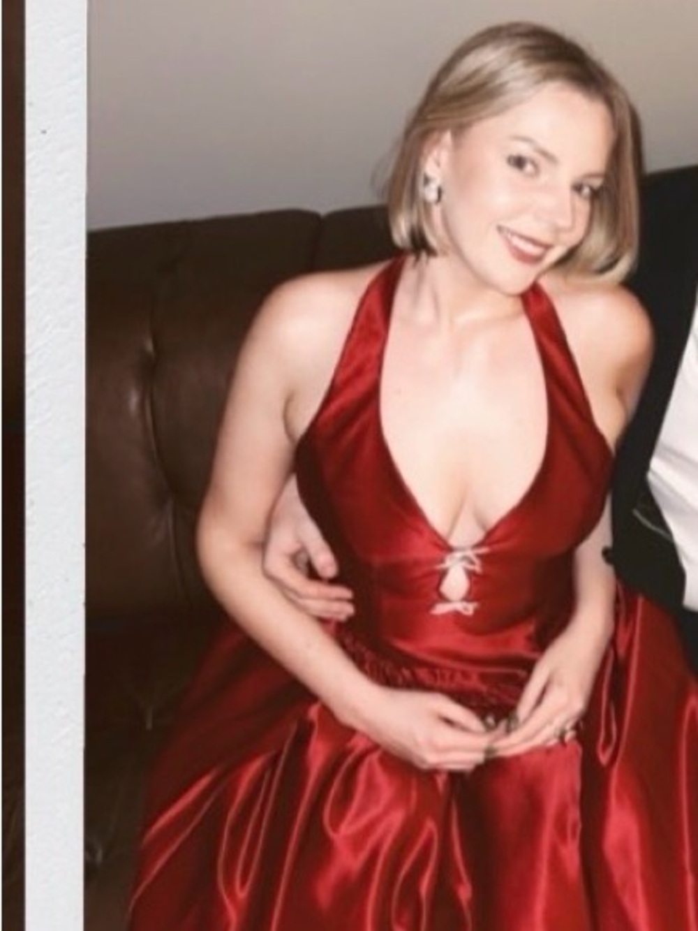 Macy's Deep Red Satin Halter Prom Gown